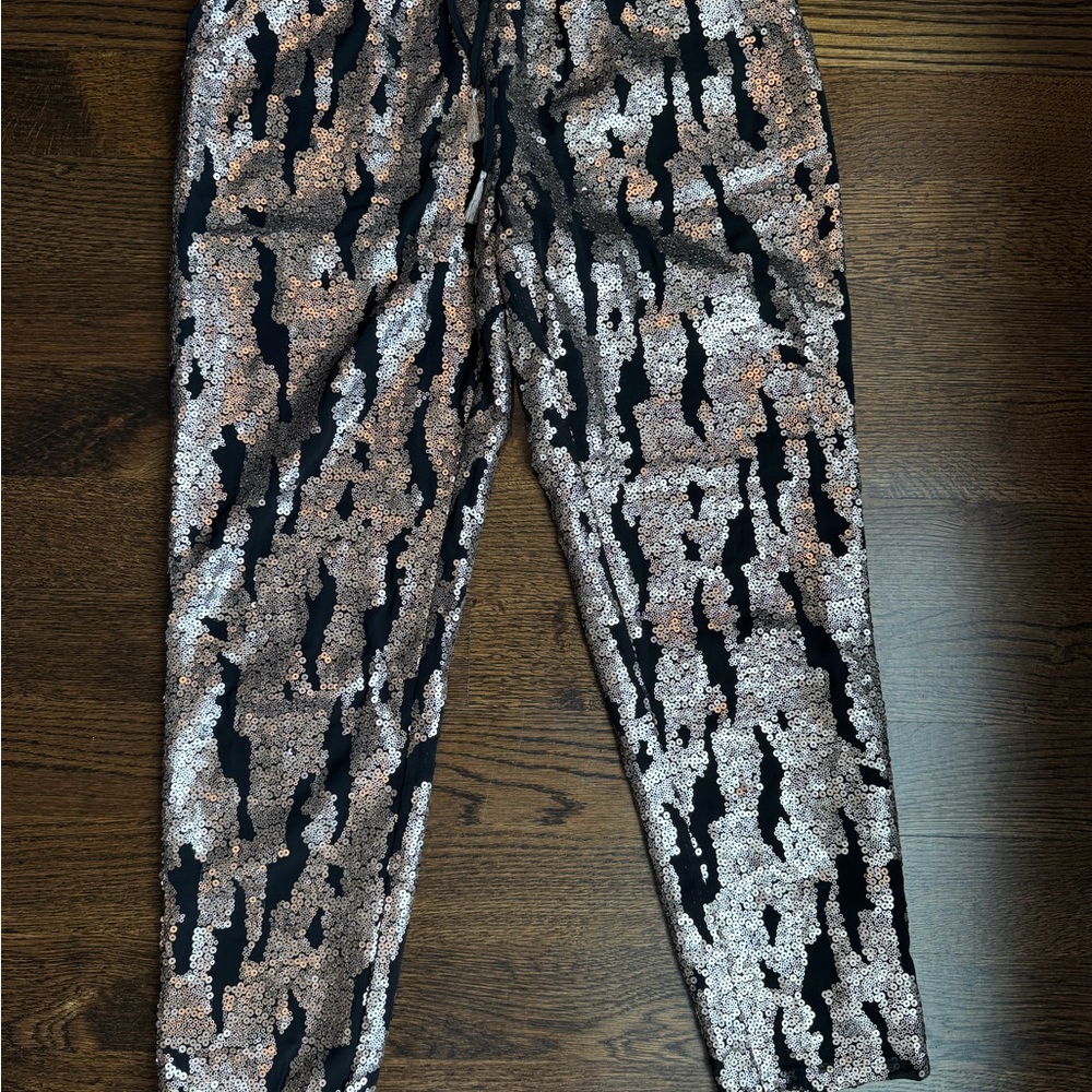 Anthropologie Black and champagne sequin Cropped Pants